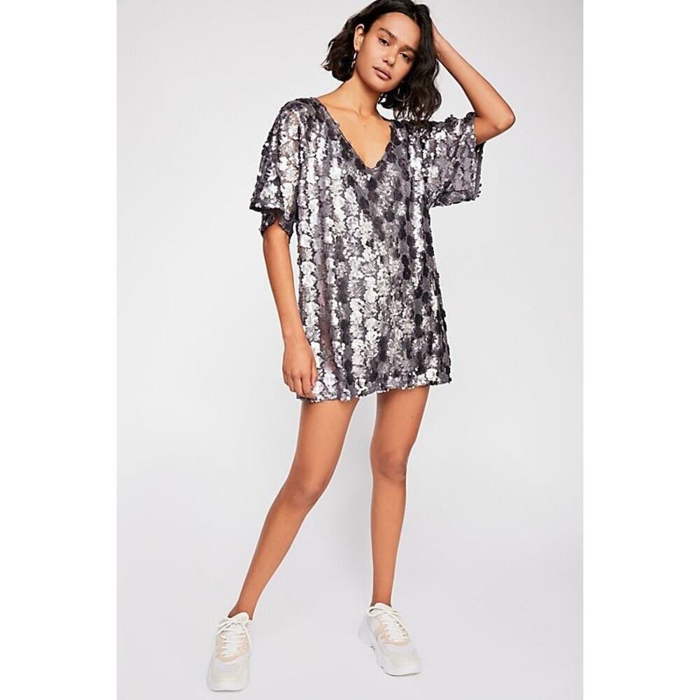 Free People Size XXS Gray Sequinβ Mini Dress V-Neck Party